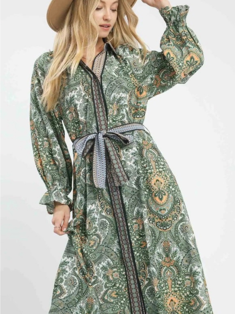 Green Paisley Long-Sleeve Shirt Dress with Tie Belt - Picture 3 of 3